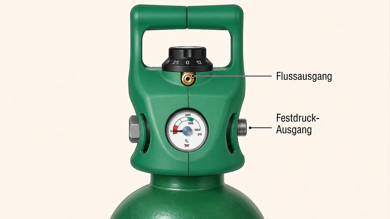 Flaschenkopf mit integriertem Ventil, Flussregler, Inhaltsmanometer, Schlaucholivenanschluss (Tannenbaumanschluss) und Druckausgang. Details zu den Ausgängen finden Sie im Abschnitt Druckminderer weiter unten