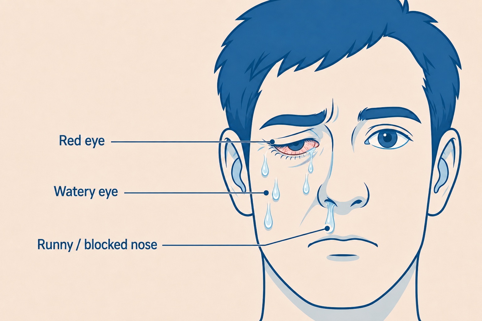 A face showing the autonomic signs of a cluster headache attack on one side: a red eye, a watery eye, and a runny or blocked nose, all on the painful side.