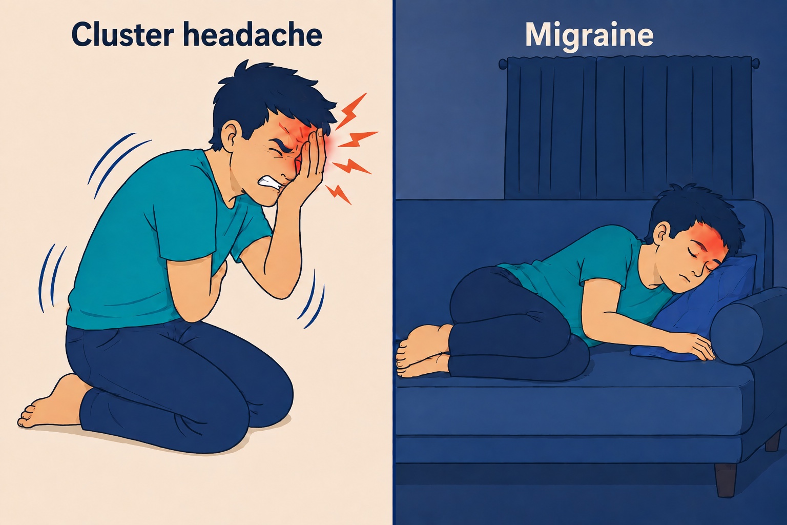 Left: a man kneeling on the floor during a cluster headache attack, pressing a hand against his eye and rocking in pain. Right: a person with a migraine lying still on a couch in a dark room.