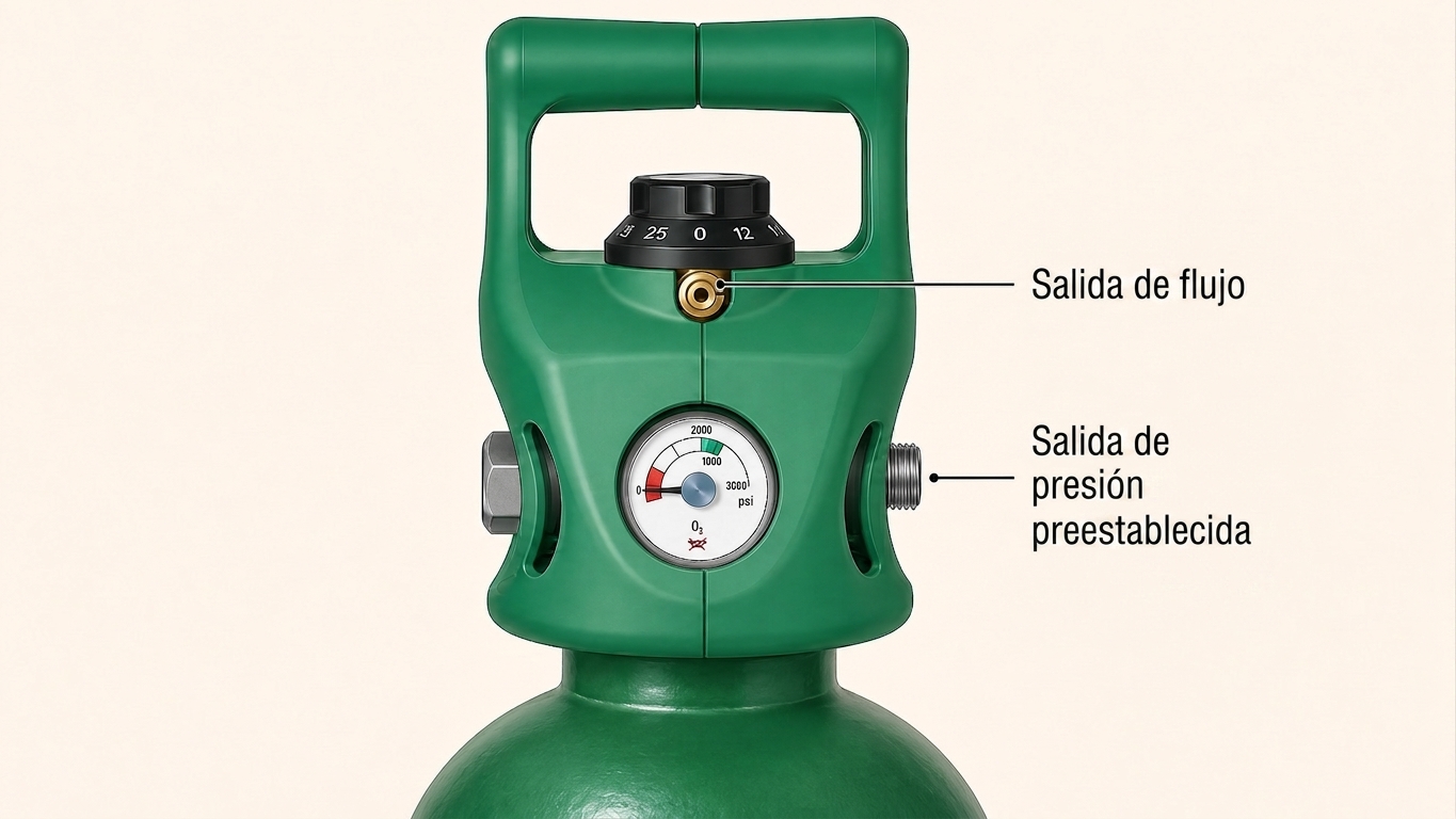 Cabezal de cilindro con válvula integrada con selector de flujo, manómetro de contenido, salida de flujo con espiga (en forma de árbol) y salida de presión. Ver la sección de Reguladores más abajo para los detalles sobre las salidas