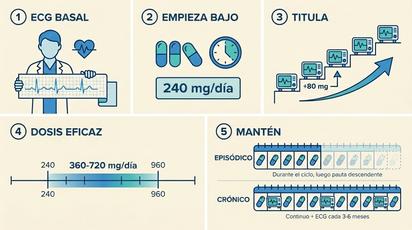 Infografía de cinco paneles que muestra el ciclo del verapamilo: ECG basal, inicio a 240 mg/día, titulación al alza con ECG en cada paso, alcanzar la dosis eficaz típica (360–720 mg/día) y luego mantenerla. Los pacientes episódicos hacen una pauta descendente tras el ciclo; los crónicos continúan con ECG periódicos.