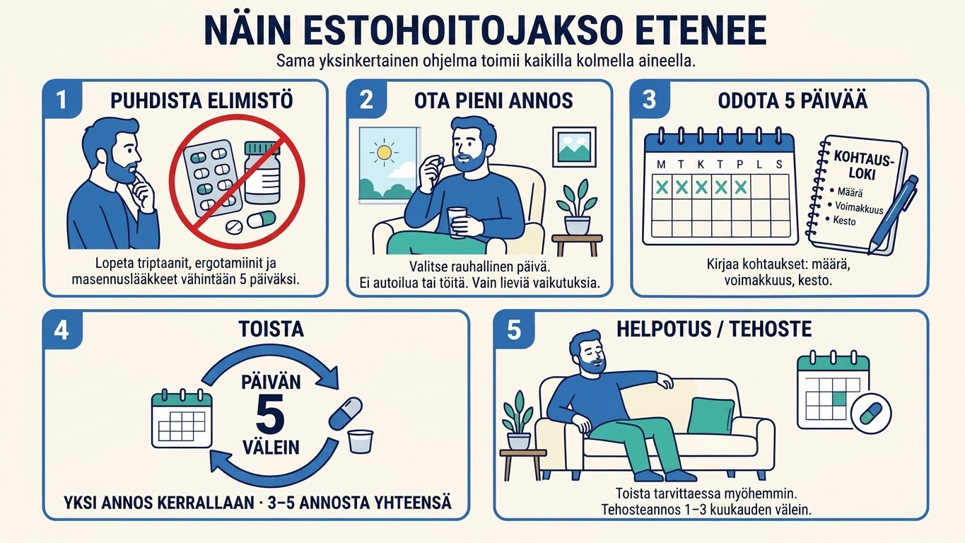 Psykedeelinen sarjoittaisen päänsäryn katkaisuhoito: kaavio tryptamiinin annosohjelmasta. Pieniä annoksia viiden päivän välein aktiivisen kohtaussarjan katkaisemiseksi.