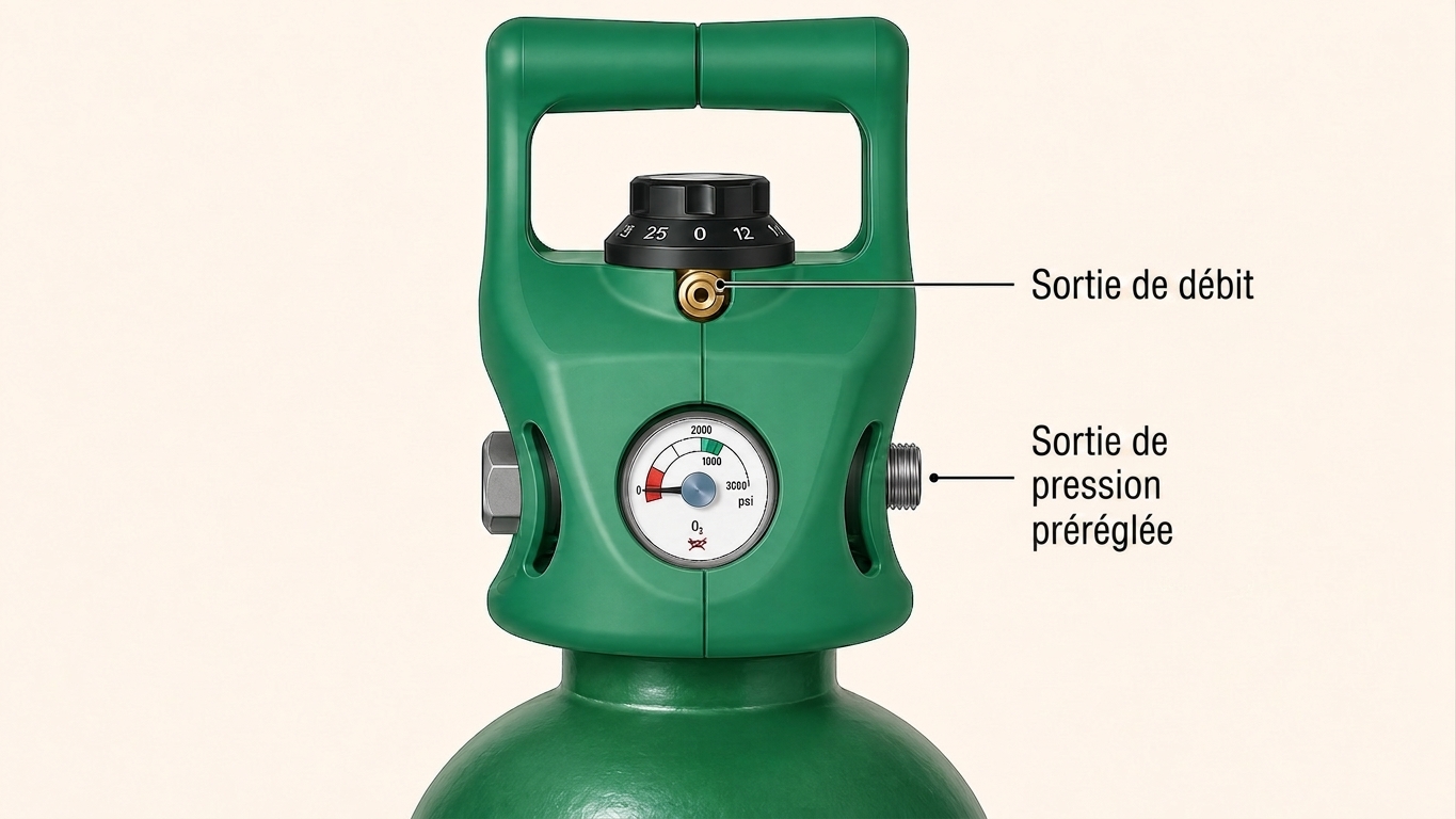 Tête d'une bouteille à détendeur intégré avec sélecteur de débit, manomètre, sortie de débit cannelée (sortie sapin), et sortie de pression. Voir la section Détendeurs ci-dessous pour les détails sur les sorties