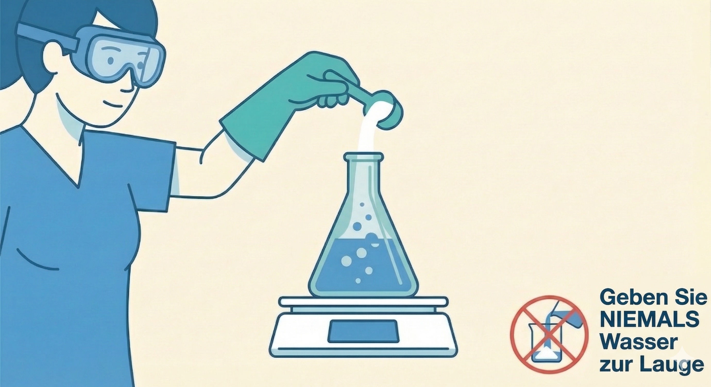 Lauge ansetzen: NaOH wird löffelweise in Wasser in einem Erlenmeyerkolben gegeben