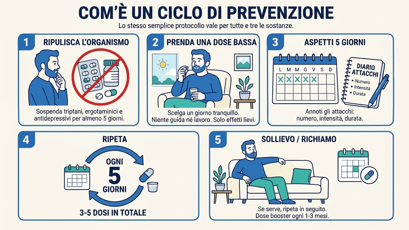 Protocollo di prevenzione con psichedelici per la cefalea a grappolo: schema del ciclo di dosaggio con triptamine. Piccole dosi a cinque giorni di distanza per interrompere un periodo attivo di grappolo.