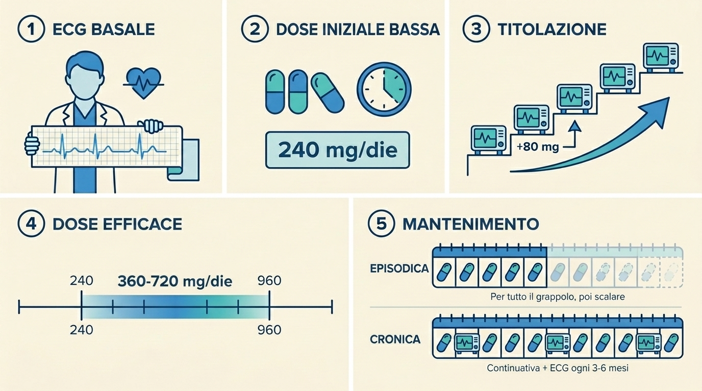 Infografica a cinque pannelli che mostra il ciclo del verapamil: ECG di base, inizio a 240 mg/die, titolazione verso l'alto con ECG a ogni passaggio, raggiungimento della dose efficace tipica (360–720 mg/die), poi mantenimento. I pazienti con forma episodica scalano la dose dopo il grappolo, quelli con forma cronica proseguono con ECG periodici.